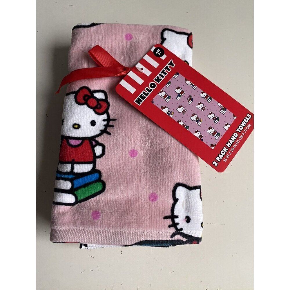 Set Of 2 Sanrio Hello Kitty Pink Hand Towels Back to School Books Class Pink NEW